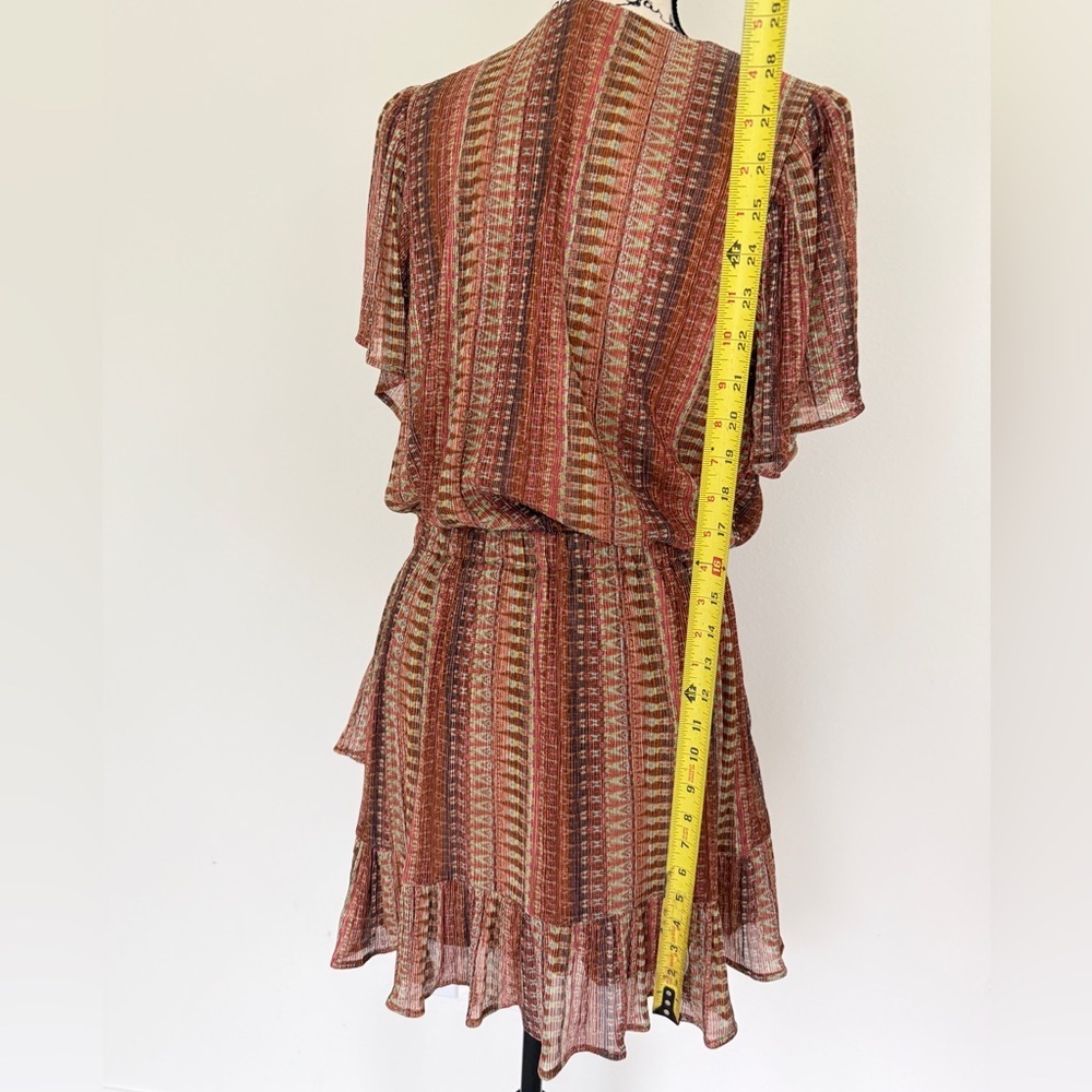 Ramy Brook Chelsea Mini Dress Belted Brown/Green Metallic Ruffle Hem Fairy Core - Picture 7 of 16